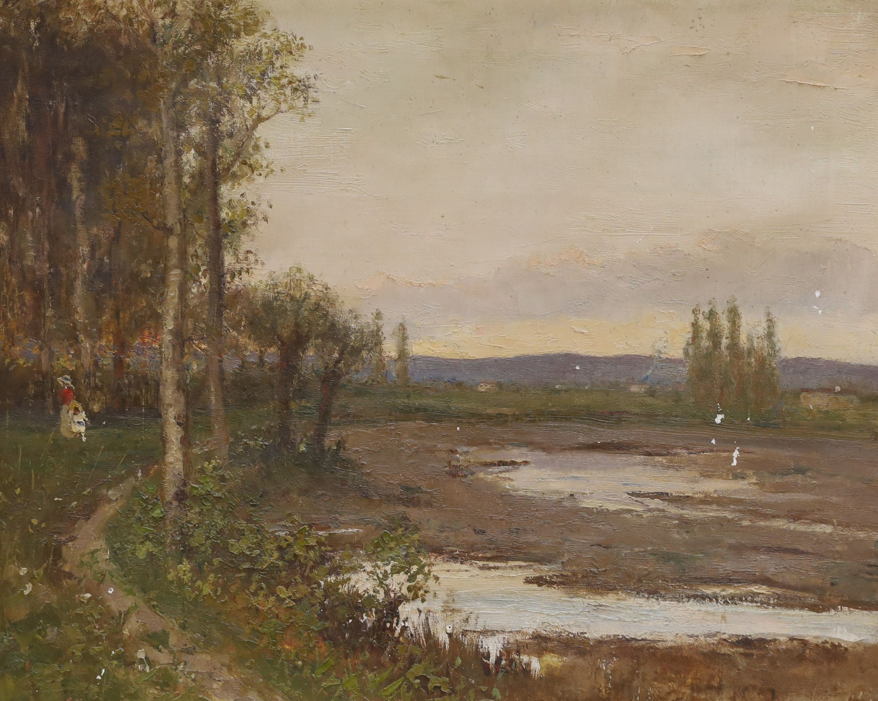 Giuesppie Pizzarini (1886-1971), oil on canvas, Landscape near Bologna, signed with label verso, 57 x 70cm